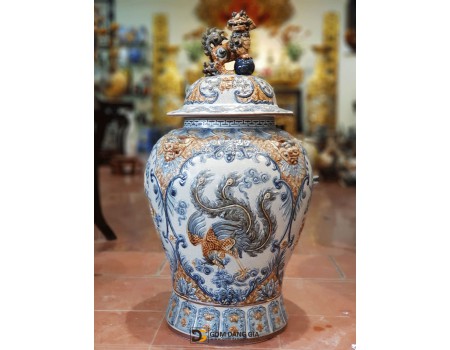 Chóe tứ linh men rạn cổ, có hoa văn viền khung 80L Chóe tứ linh men rạn cổ, có hoa văn viền khung 80L